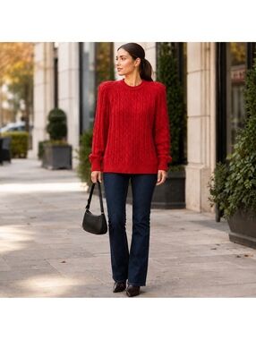 Vintage Ports International Red Pure Wool Cable Knit Sweater Padded Shoulder